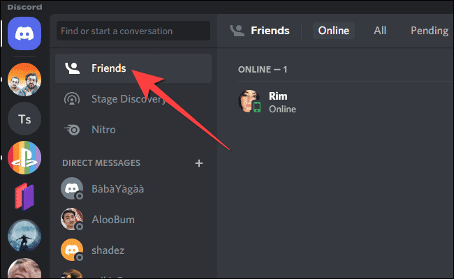 Select Friends from the column in discord - Πώς να αποκλείσετε ή να ξεμπλοκάρετε άτομα