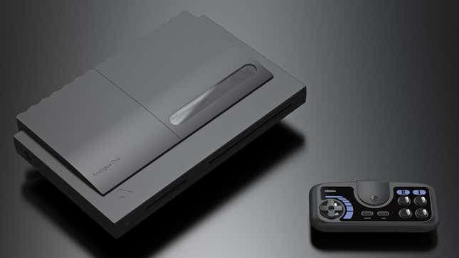 Η κονσόλα Analogue Duo με μαύρο φινίρισμα δίπλα σε ασύρματο gamepad 8BitDo.