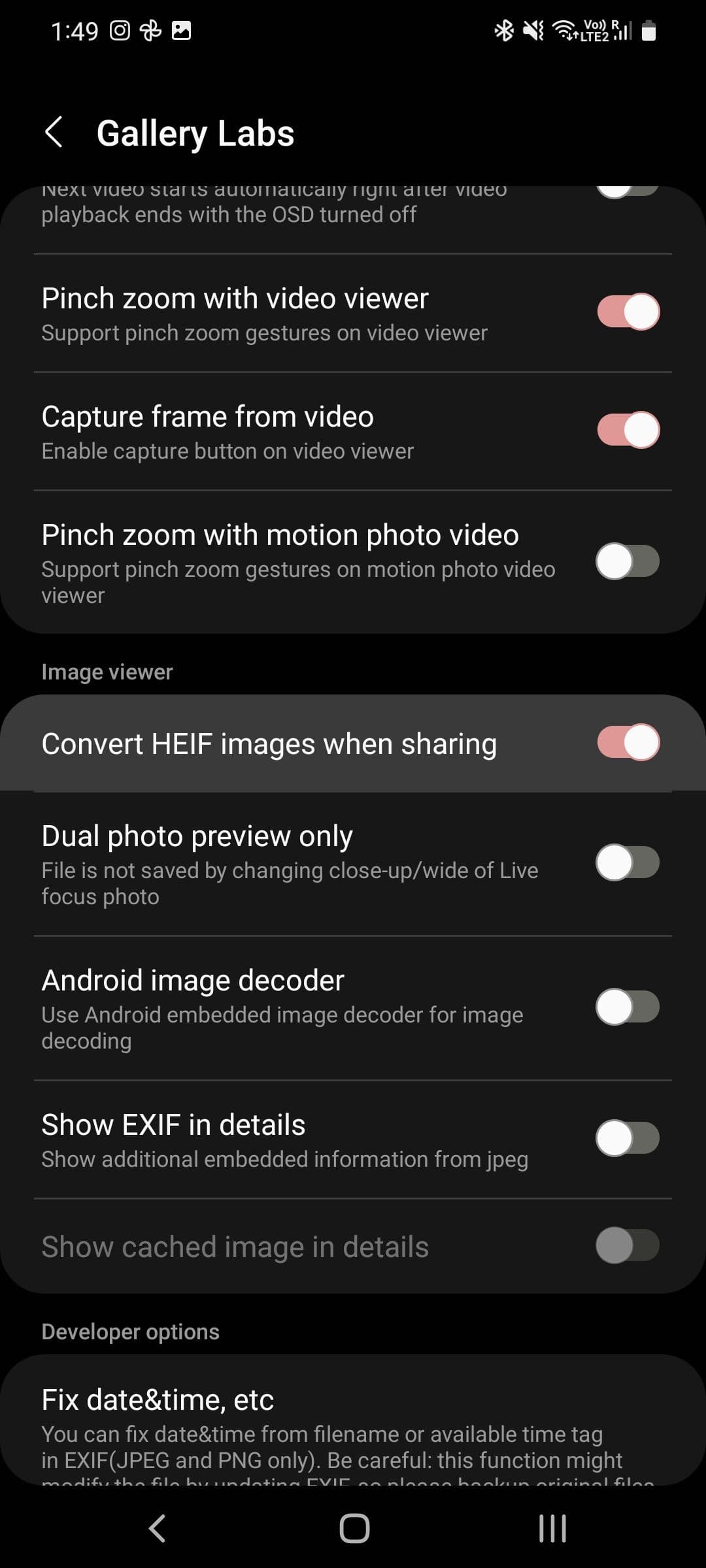 The list of Gallery Labs settings in the Samsung Gallery app