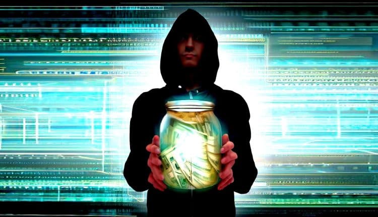 Hacker holding up a donation jar