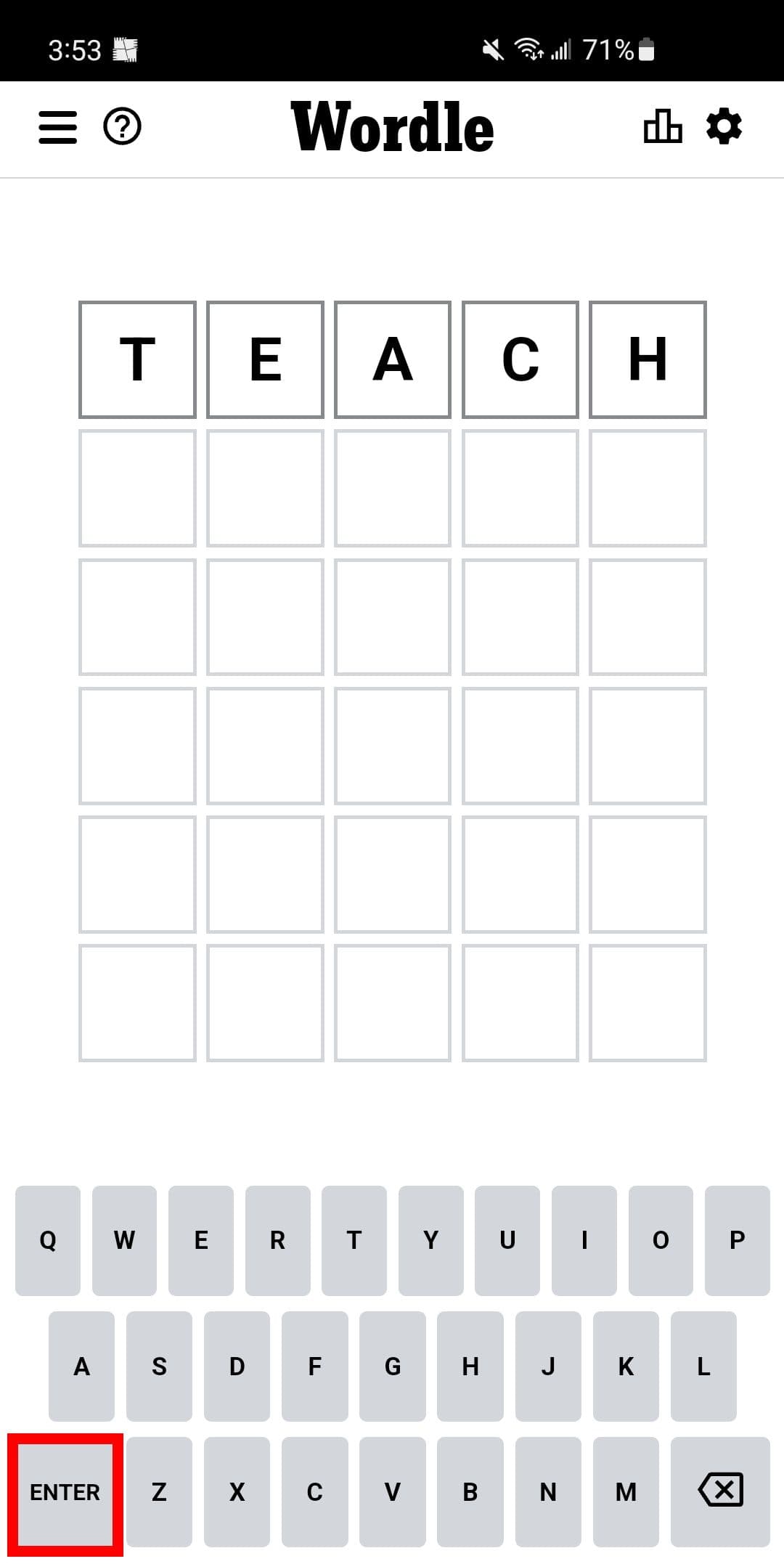 Στιγμιότυπο οθόνης προσθήκης μιας λέξης εικασίας στο Wordle