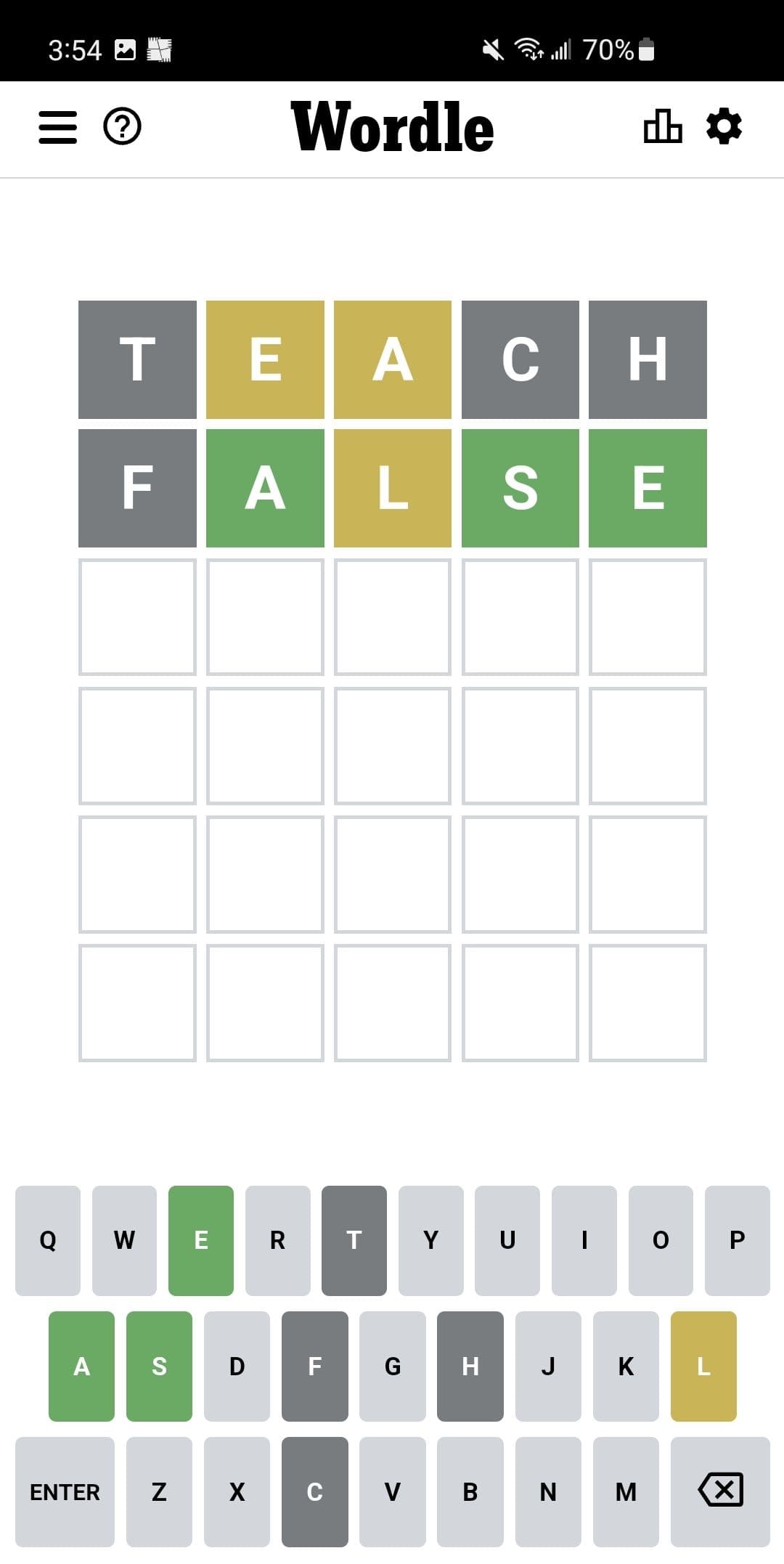 Στιγμιότυπο οθόνης των εμφανιζόμενων χρωματικών υποδείξεων στο Wordle