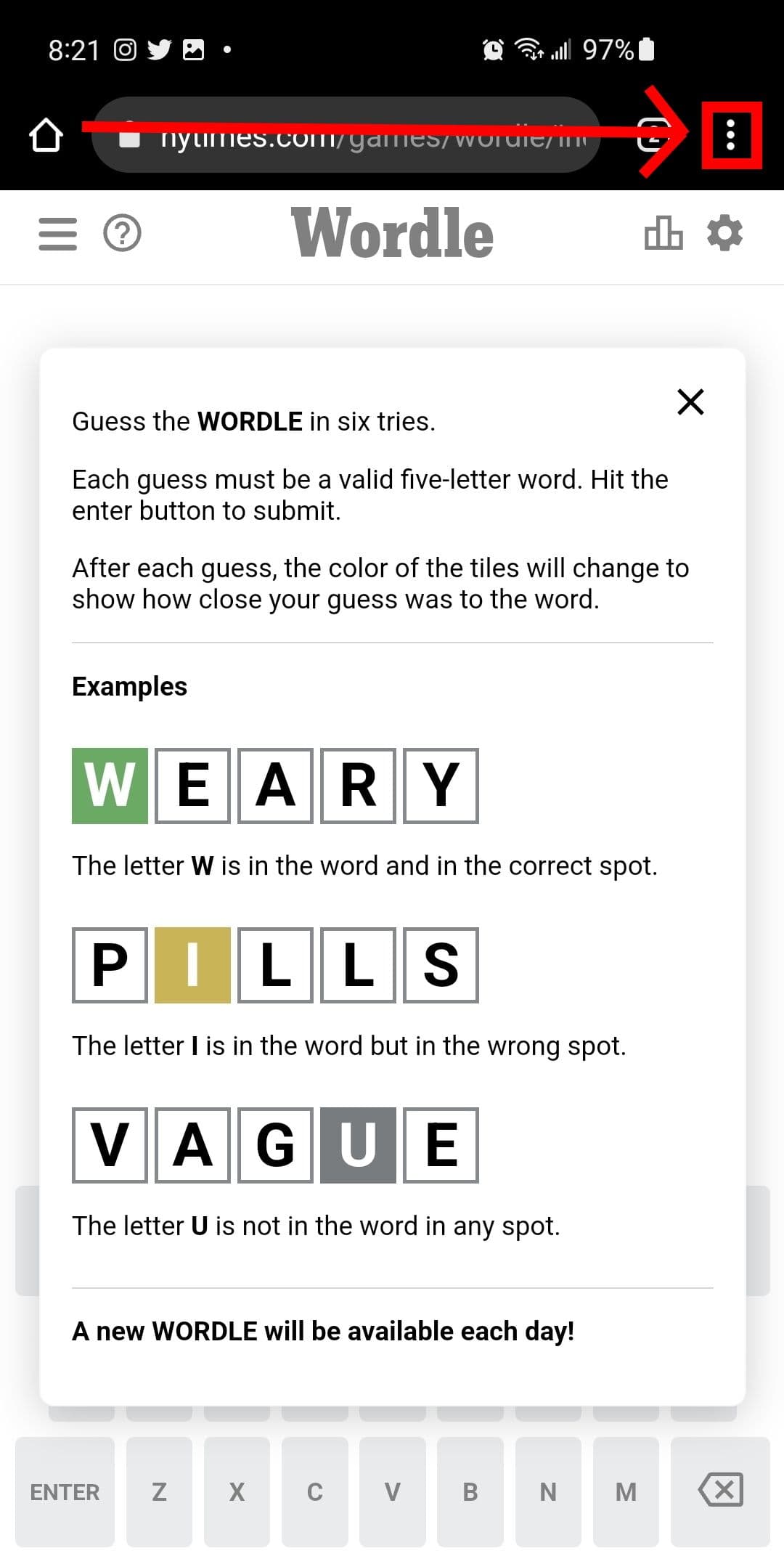 Στιγμιότυπο οθόνης του κατακόρυφου μενού τριών κουκκίδων/κεμπάπ στο Google Chrome (πρόγραμμα περιήγησης για κινητά)