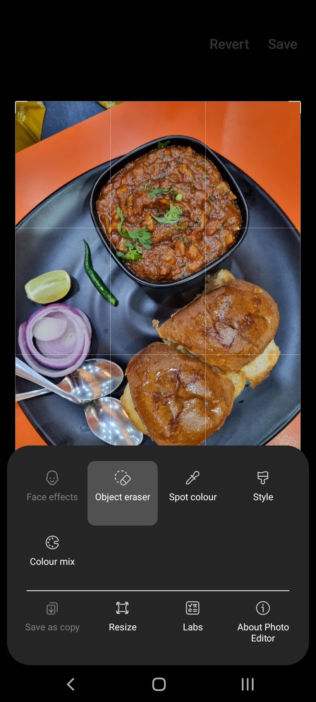 Photo editing options in the Samsung Gallery app with the Object eraser option highlighted