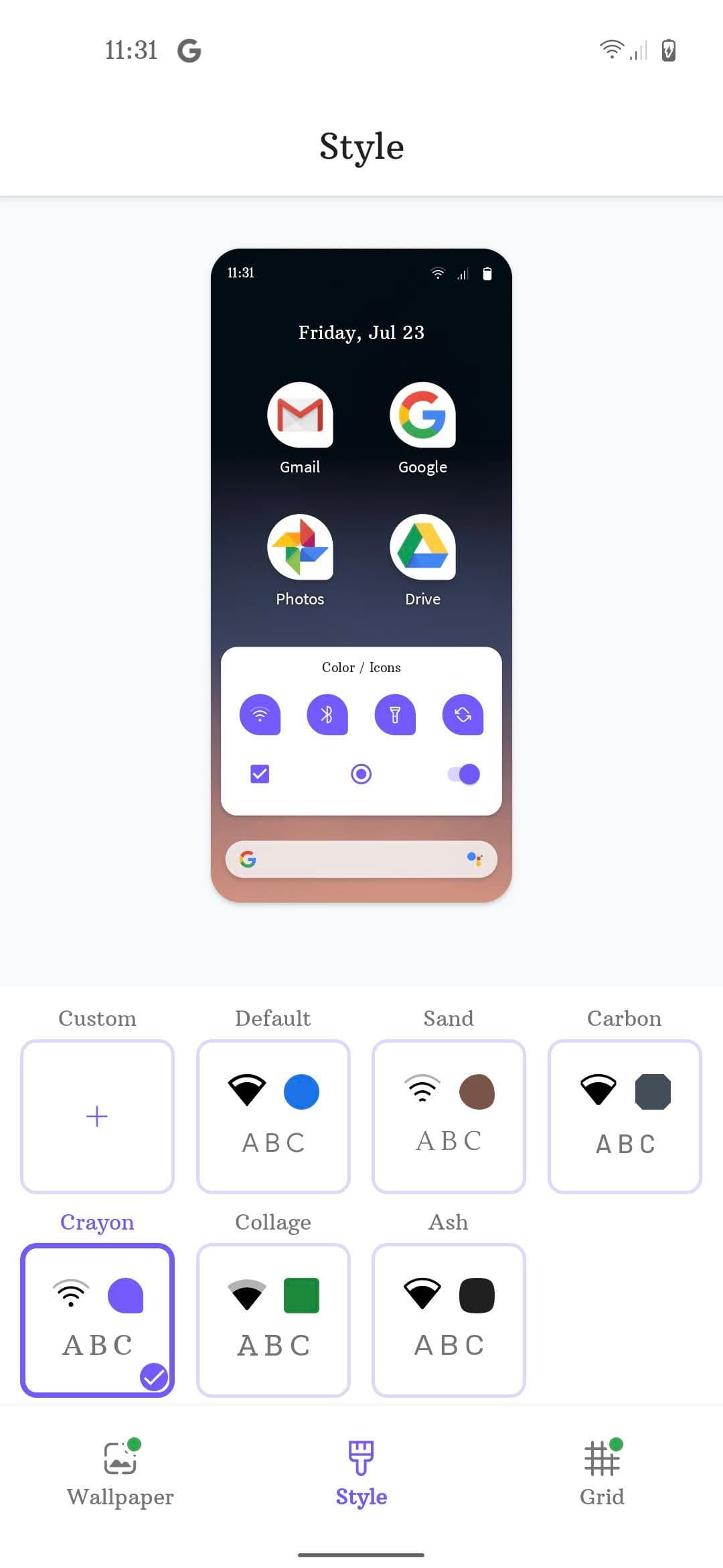 The Style screen on a Google Pixel phone