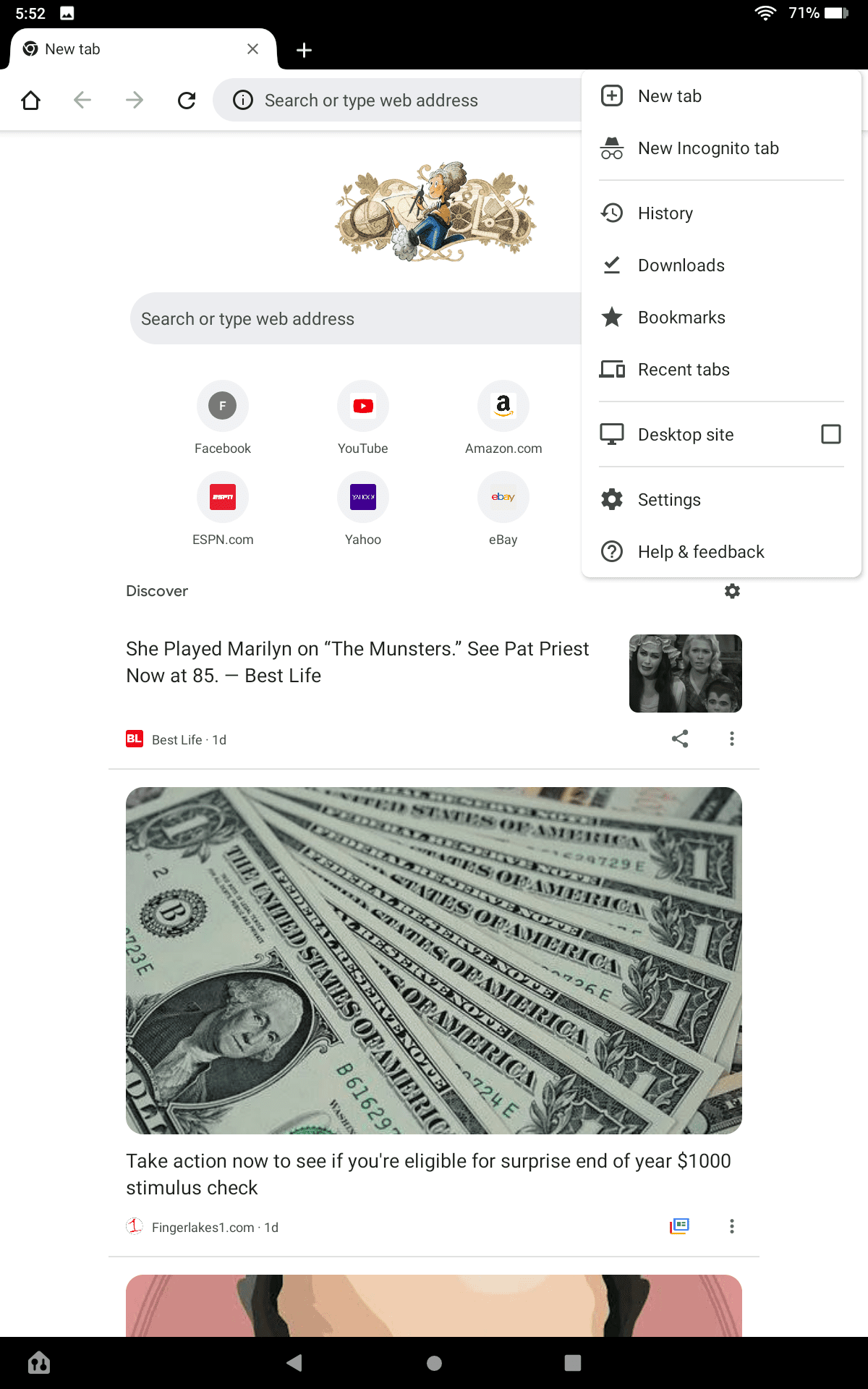 Chrome on Fire OS with the menu open.