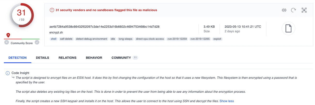 Ανάλυση σεναρίου SH από το VirusTotal Code Insight