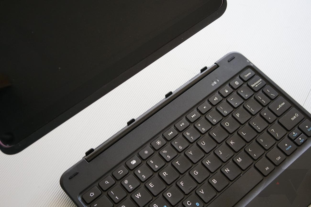 The Fire HD 10 near its keyboard accessory, undocked.