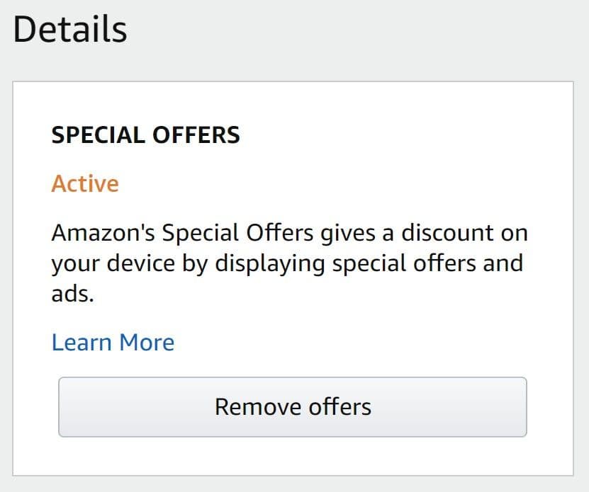 A box on Amazon's website allowing a Fire Tablet user to remove ads from their device.