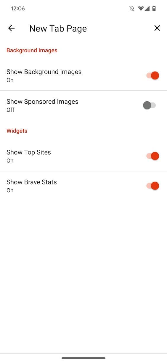 στιγμιότυπο οθόνης της εφαρμογής Brave που δείχνει ρυθμίσεις για νέες καρτέλες