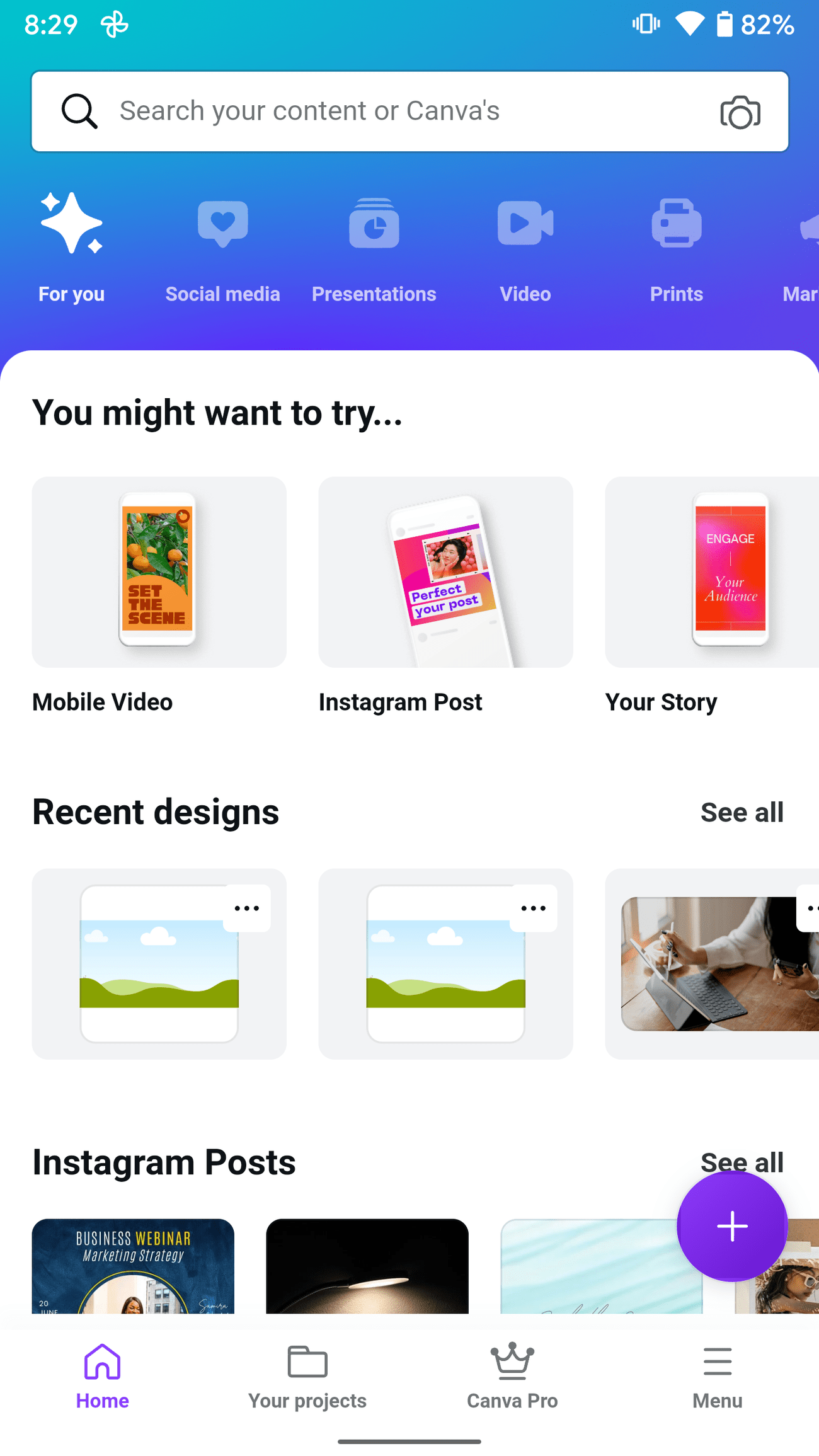 Ένα στιγμιότυπο οθόνης του Canva που δείχνει την αρχική οθόνη.