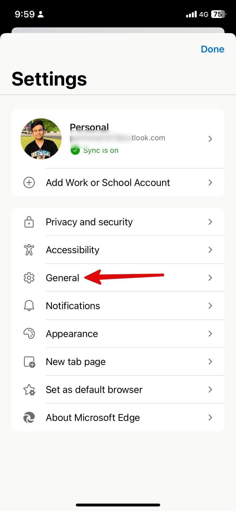 Γενικό μενού Microsoft Edge στο iPhone