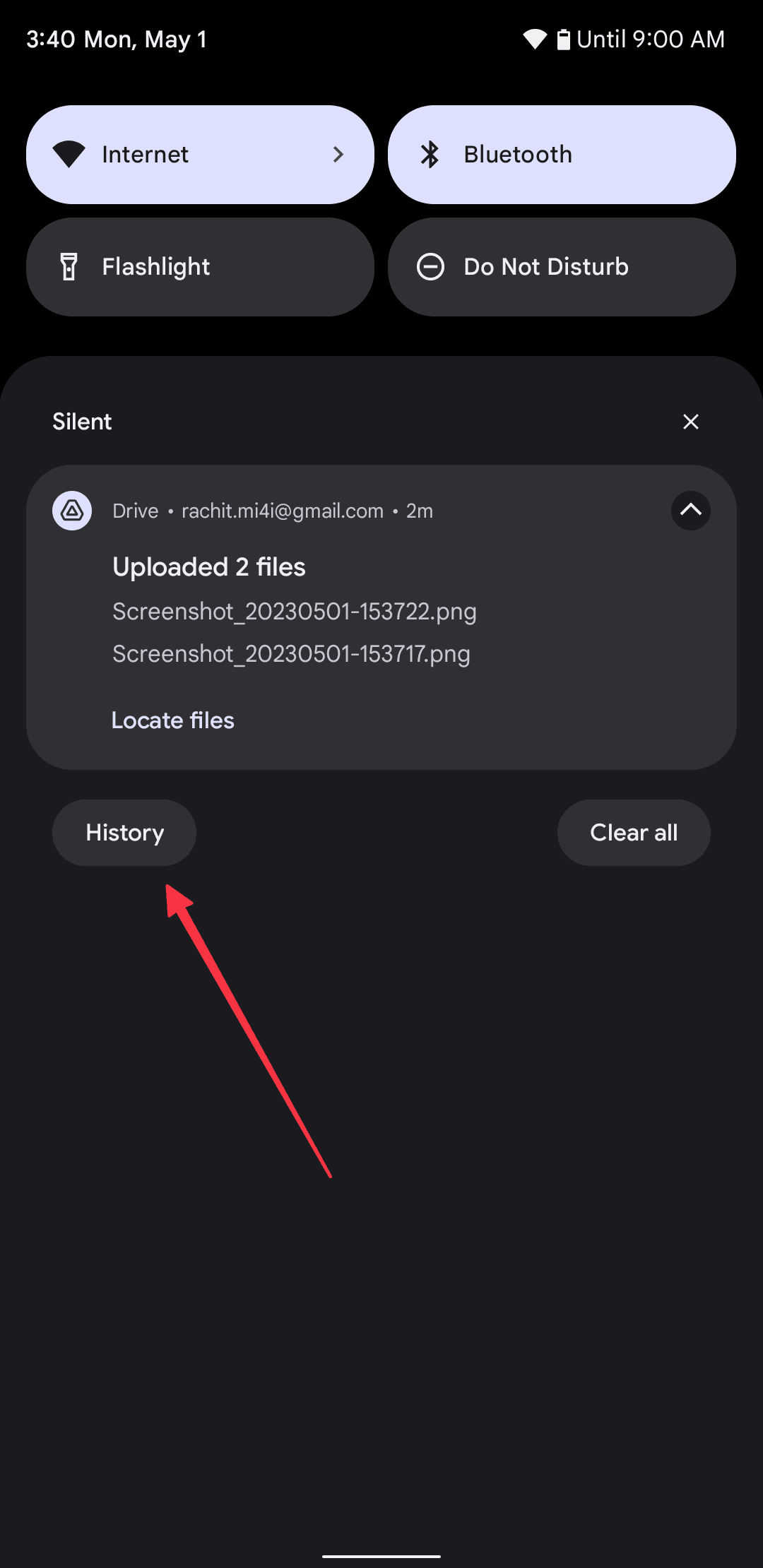 Notification History button in notification panel