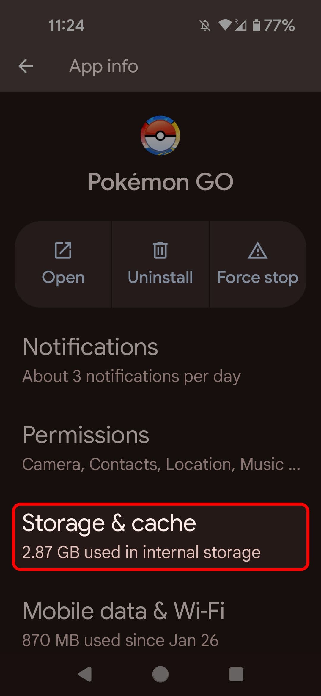Πληροφορίες εφαρμογής Android που επισημαίνουν την επιλογή Αποθήκευση και προσωρινή μνήμη