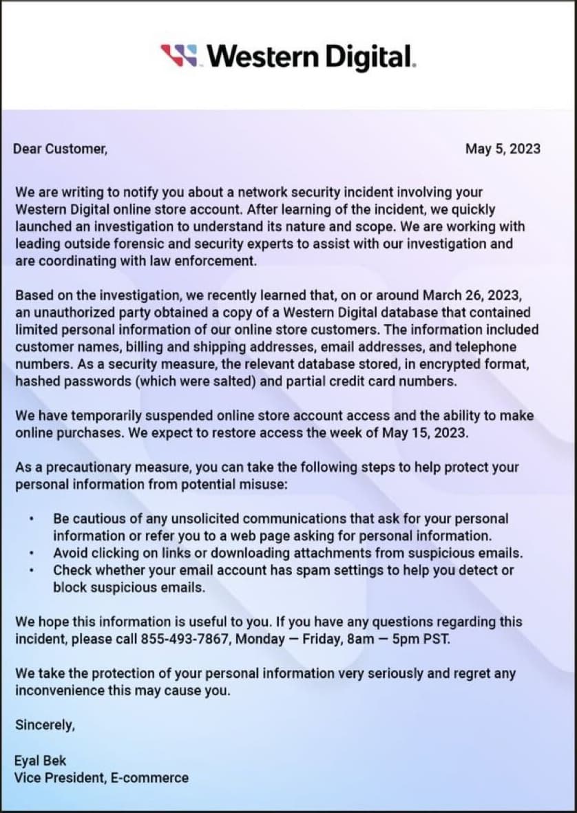 Ειδοποιήσεις παραβίασης δεδομένων Western Digital