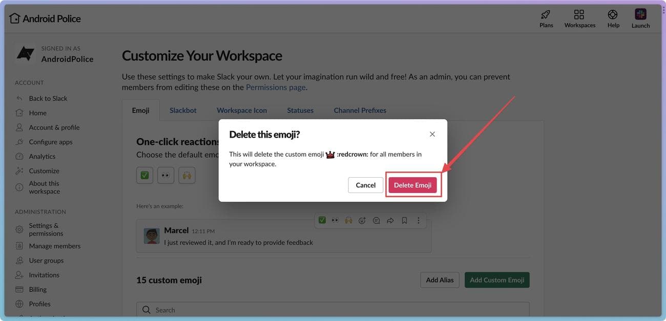 Διαγραφή προσαρμοσμένου emoji στο Slack