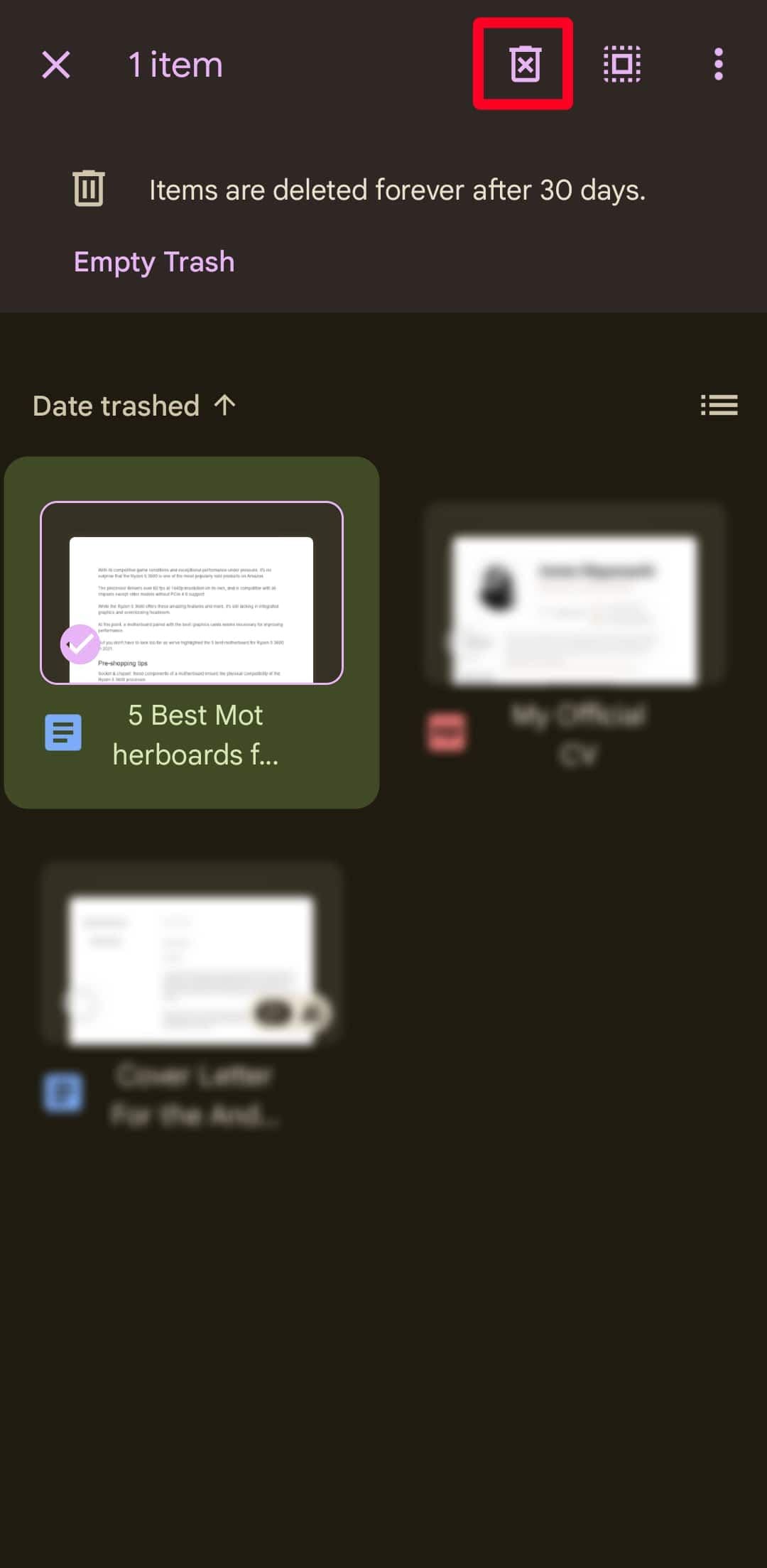 Διαγραφή αρχείων για πάντα στην εφαρμογή Google Drive για κινητά
