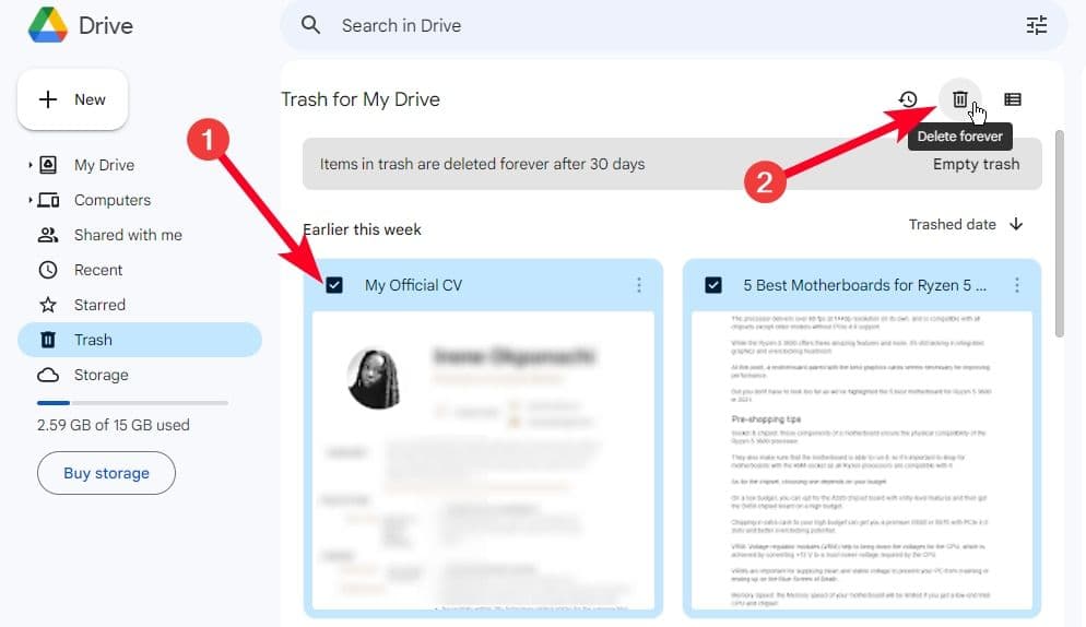 Μόνιμη διαγραφή αρχείων από τον Κάδο απορριμμάτων του Google Drive στο πρόγραμμα περιήγησης Chrome