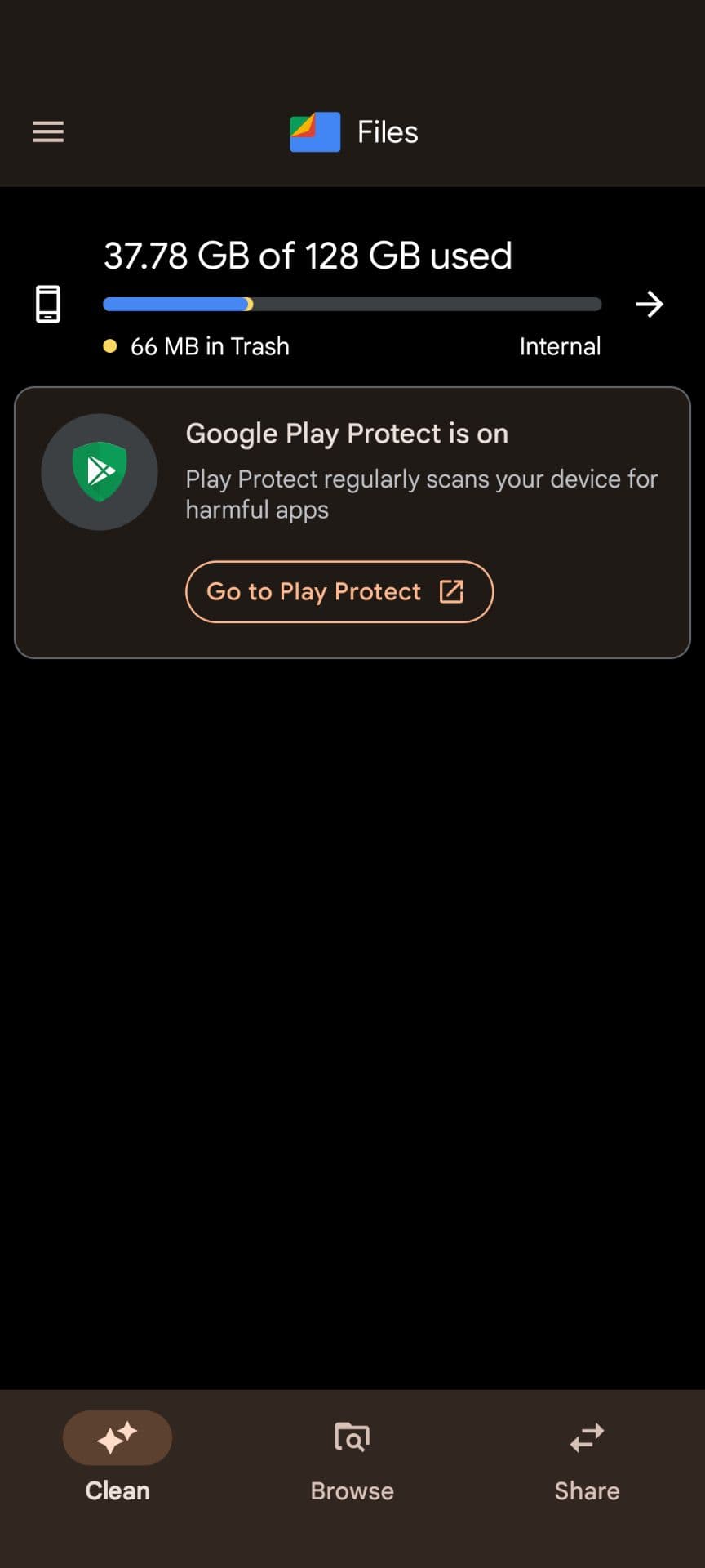 Η αρχική οθόνη της εφαρμογής Files by Google σε τηλέφωνο Android