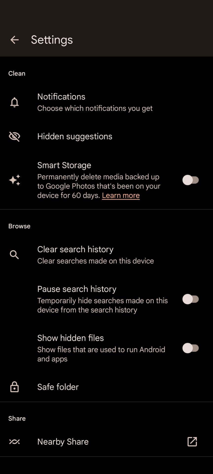 Το μενού Ρυθμίσεις για την εφαρμογή Files by Google σε τηλέφωνο Android