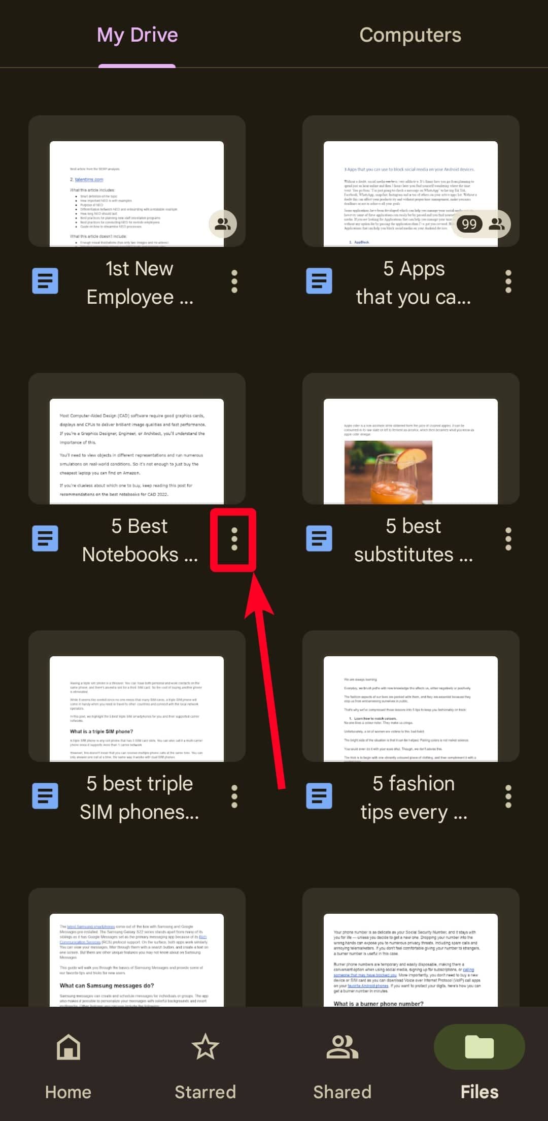 Μενού αρχείων στην εφαρμογή Google Drive για κινητά