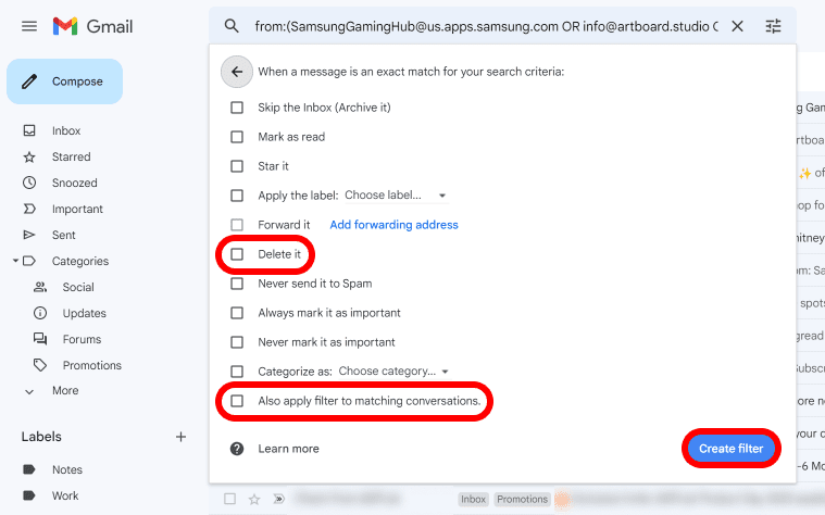 το μενού ρύθμισης ενεργειών φίλτρου Gmail