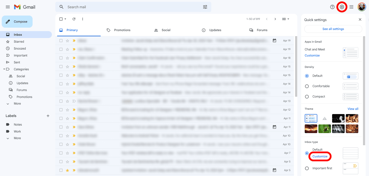 τα Εισερχόμενα του Gmail με ανοιχτό το παράθυρο ρυθμίσεων εισερχομένων