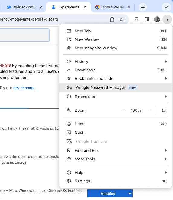 Στιγμιότυπο οθόνης της νέας συντόμευσης Google Password Manager ανώτατου επιπέδου στο Chrome 114