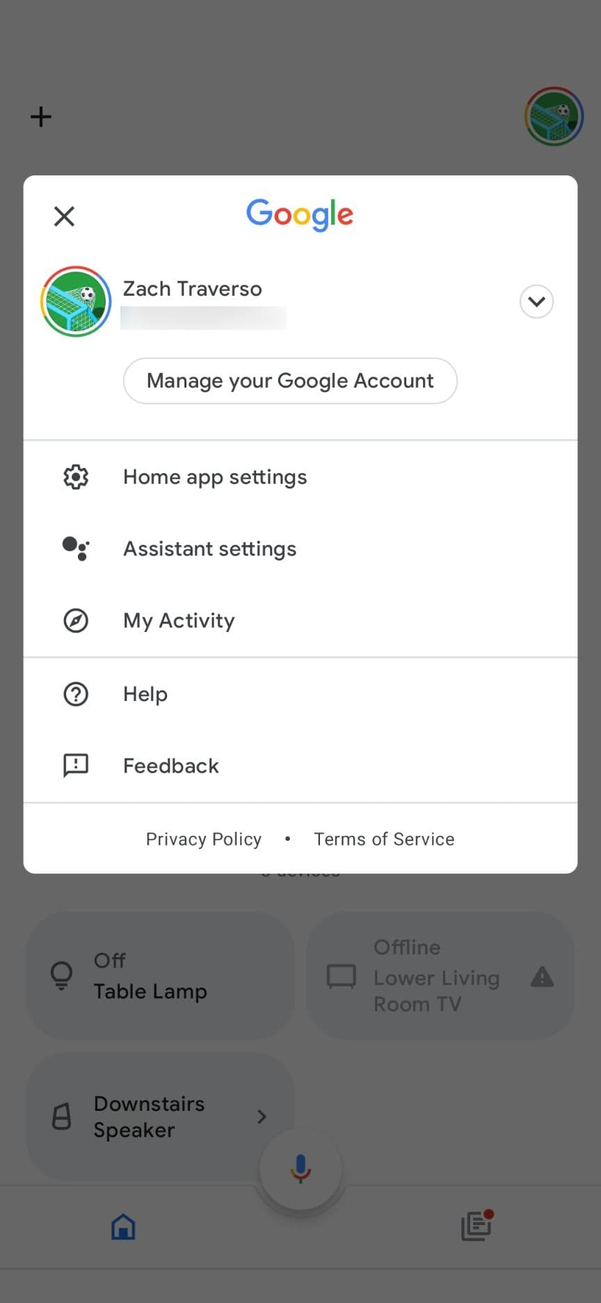 Το μενού ρυθμίσεων στην εφαρμογή Google Home Android.