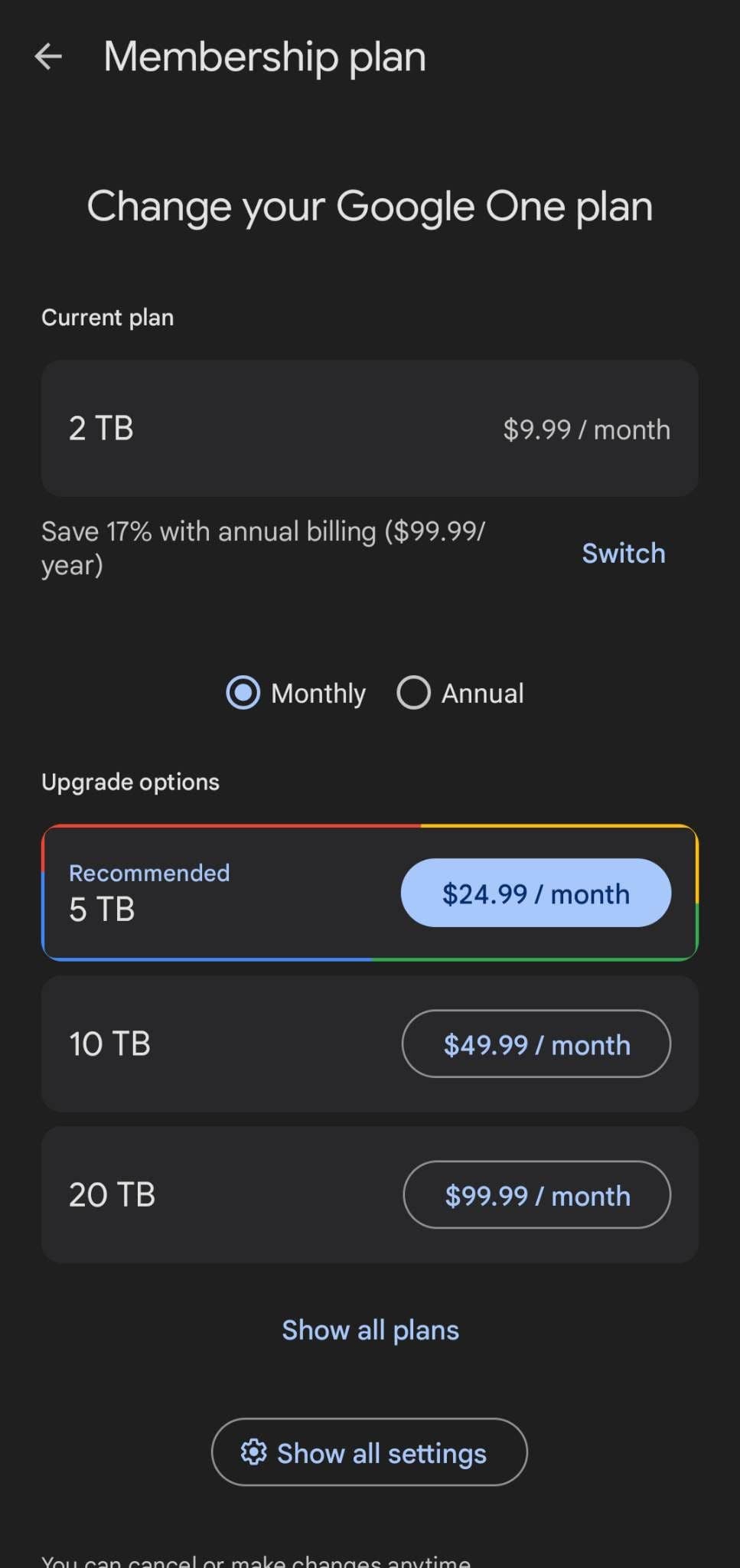 Στιγμιότυπο οθόνης της σελίδας αναβαθμίσεων στην εφαρμογή Google One για κινητά.