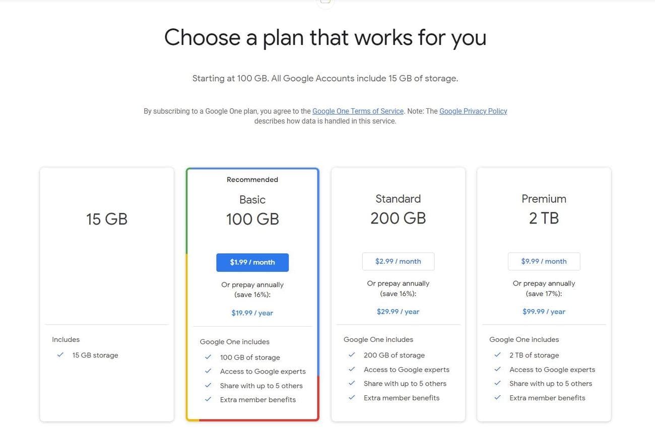 Επίπεδα συνδρομής Google One και τιμολόγηση