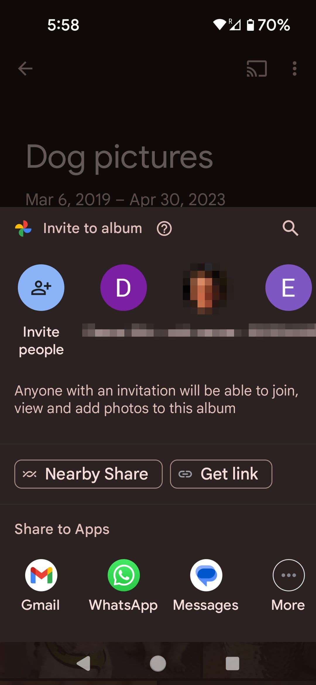 Google Photos albums Share menu