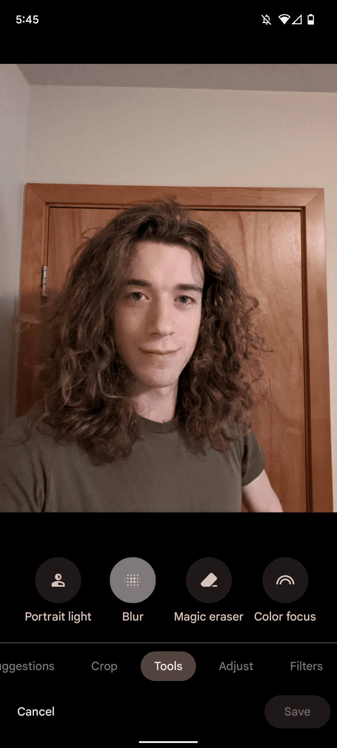 Google Photos image edit Tools menu highlighting the Blur option