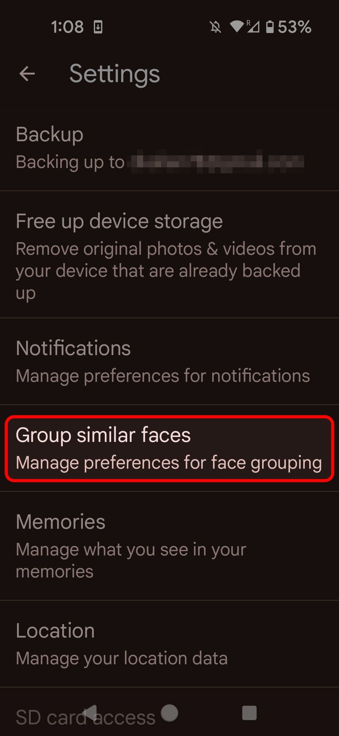 Google Photos Photos settings menu highlighting the Group similar faces option
