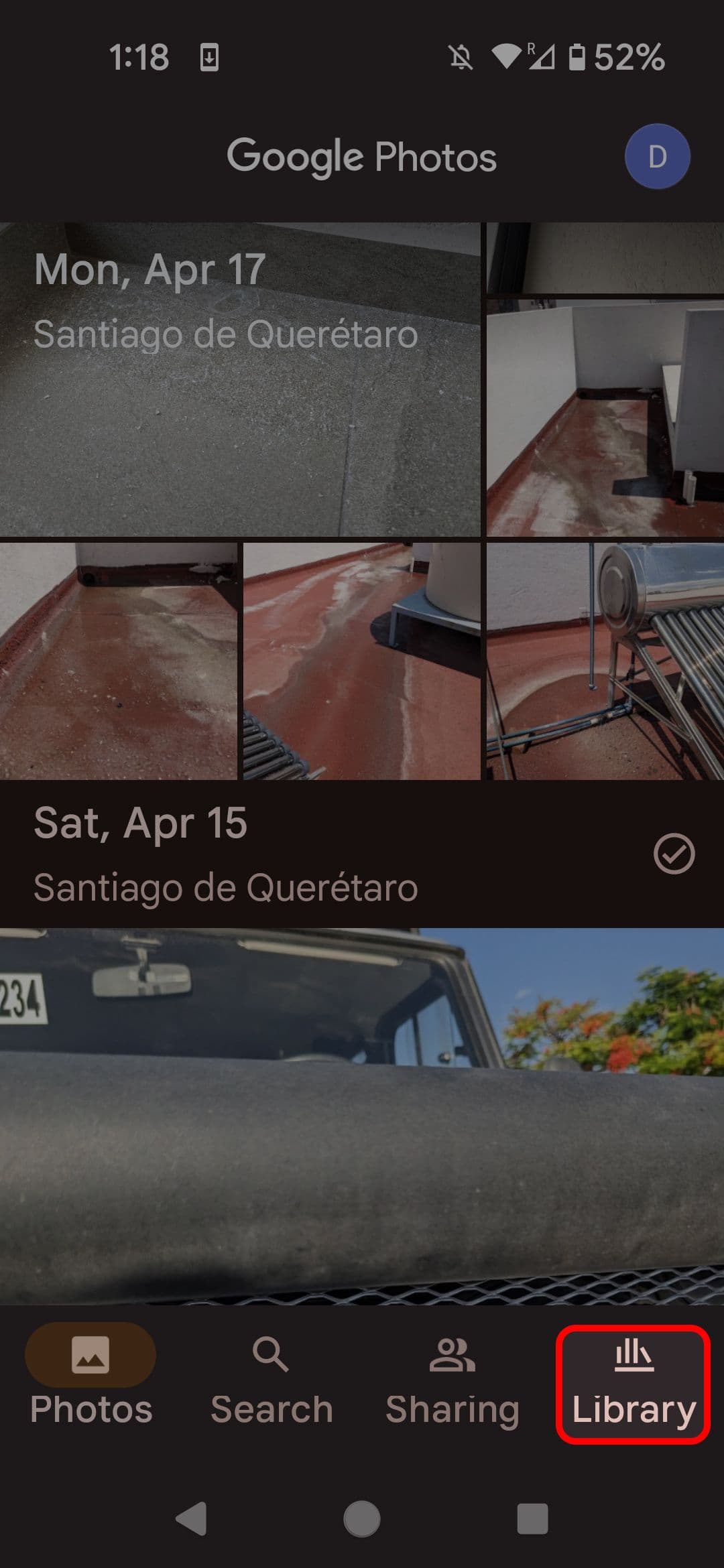 Google Photos photos page highlighting the Library button