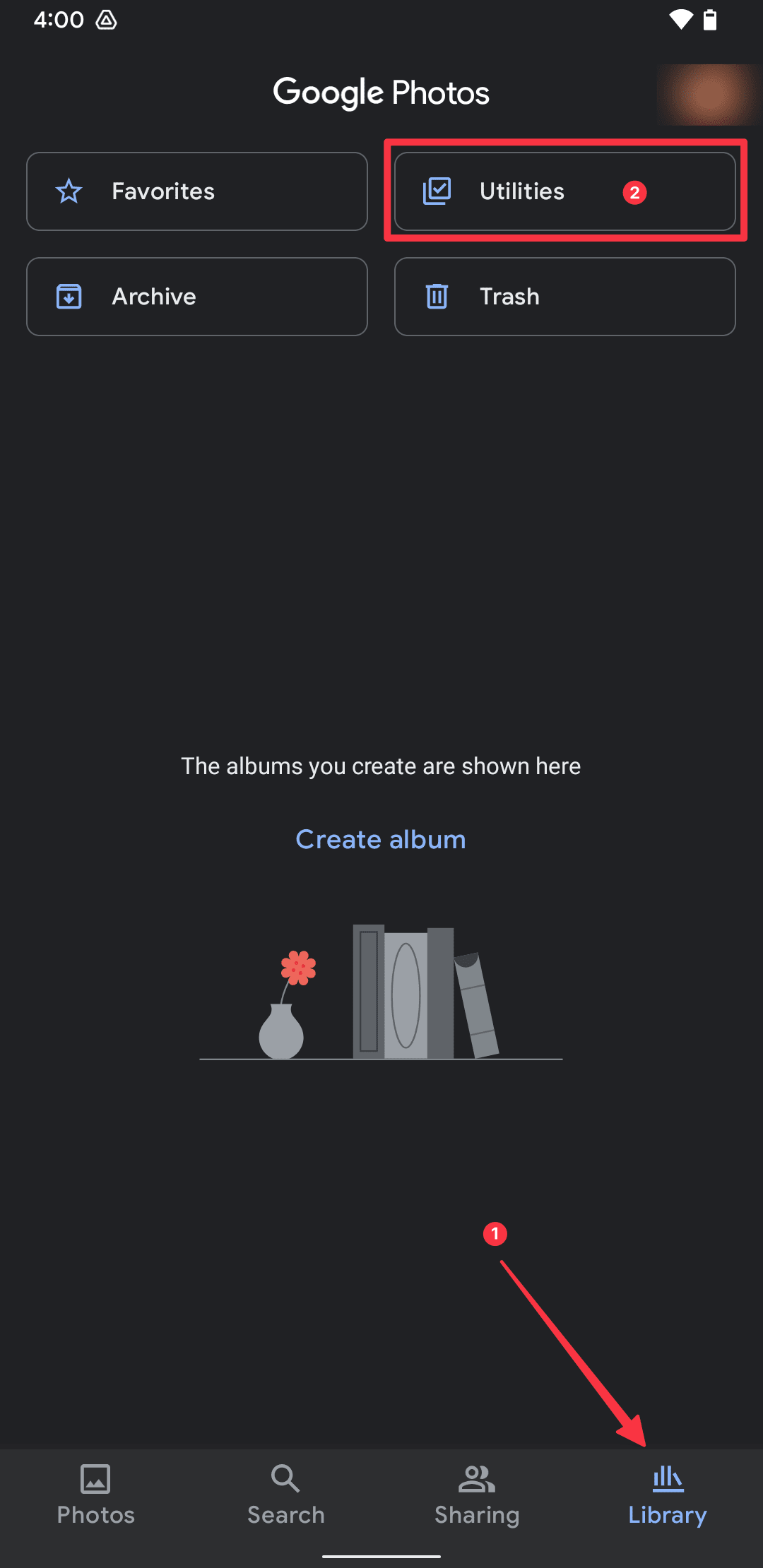 Google Photos Library Folder screenshot showing Utilities option