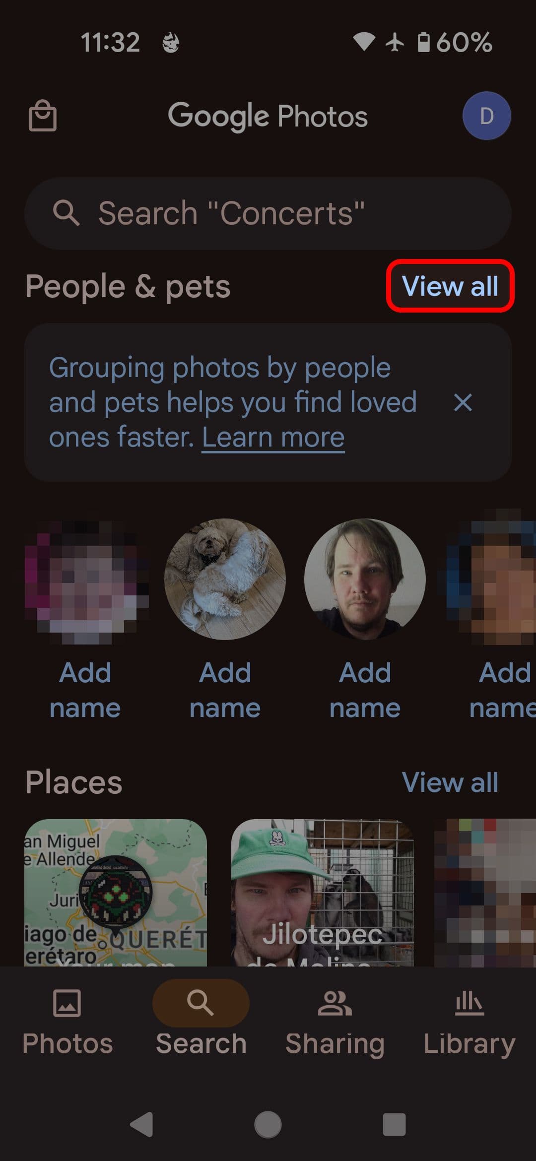 Google Photos Search menu with the View All option highlighted
