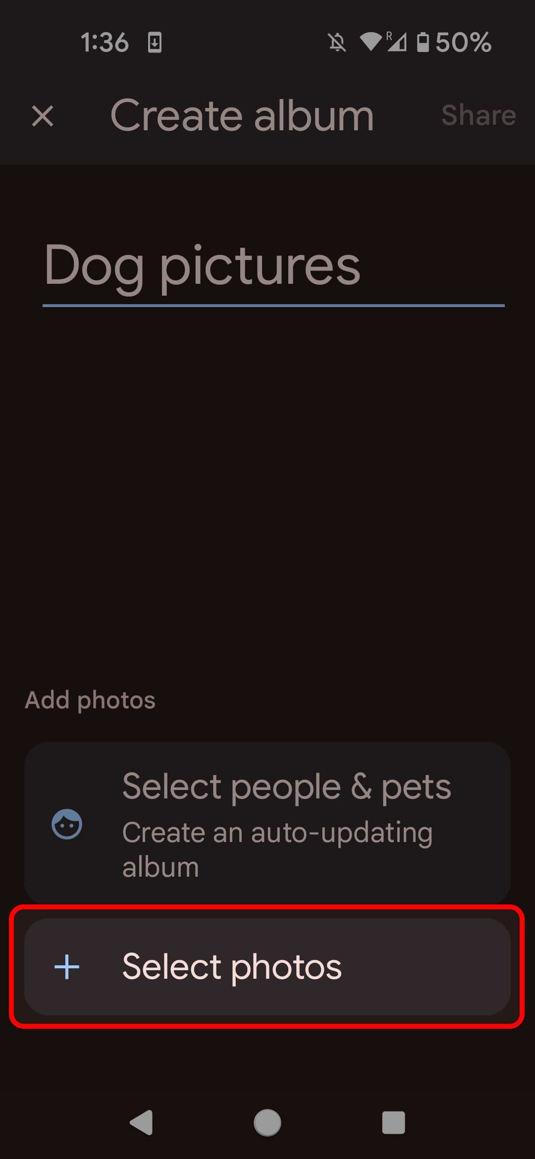 Google Photos Create album menu highlighting the Select photos option