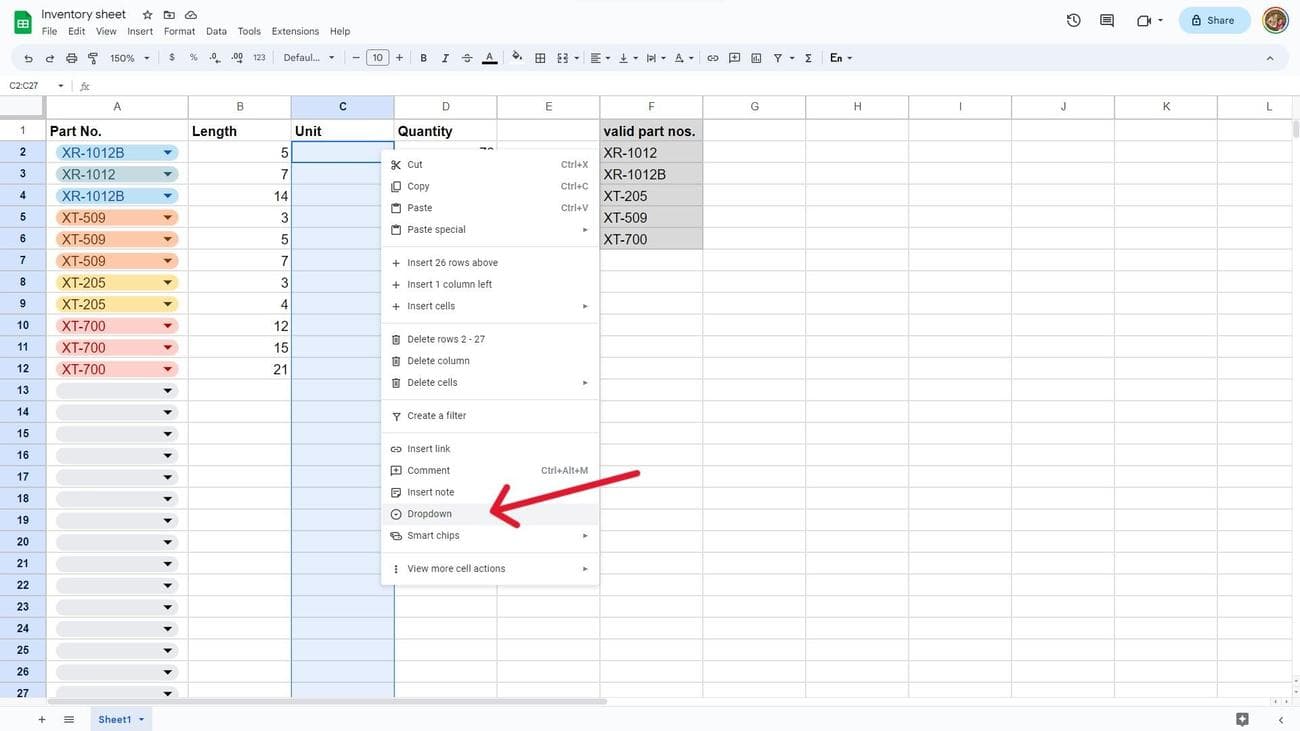 Ένα στιγμιότυπο οθόνης ενός εγγράφου των Φύλλων Google που εμφανίζει αναπτυσσόμενο μενού περιβάλλοντος.