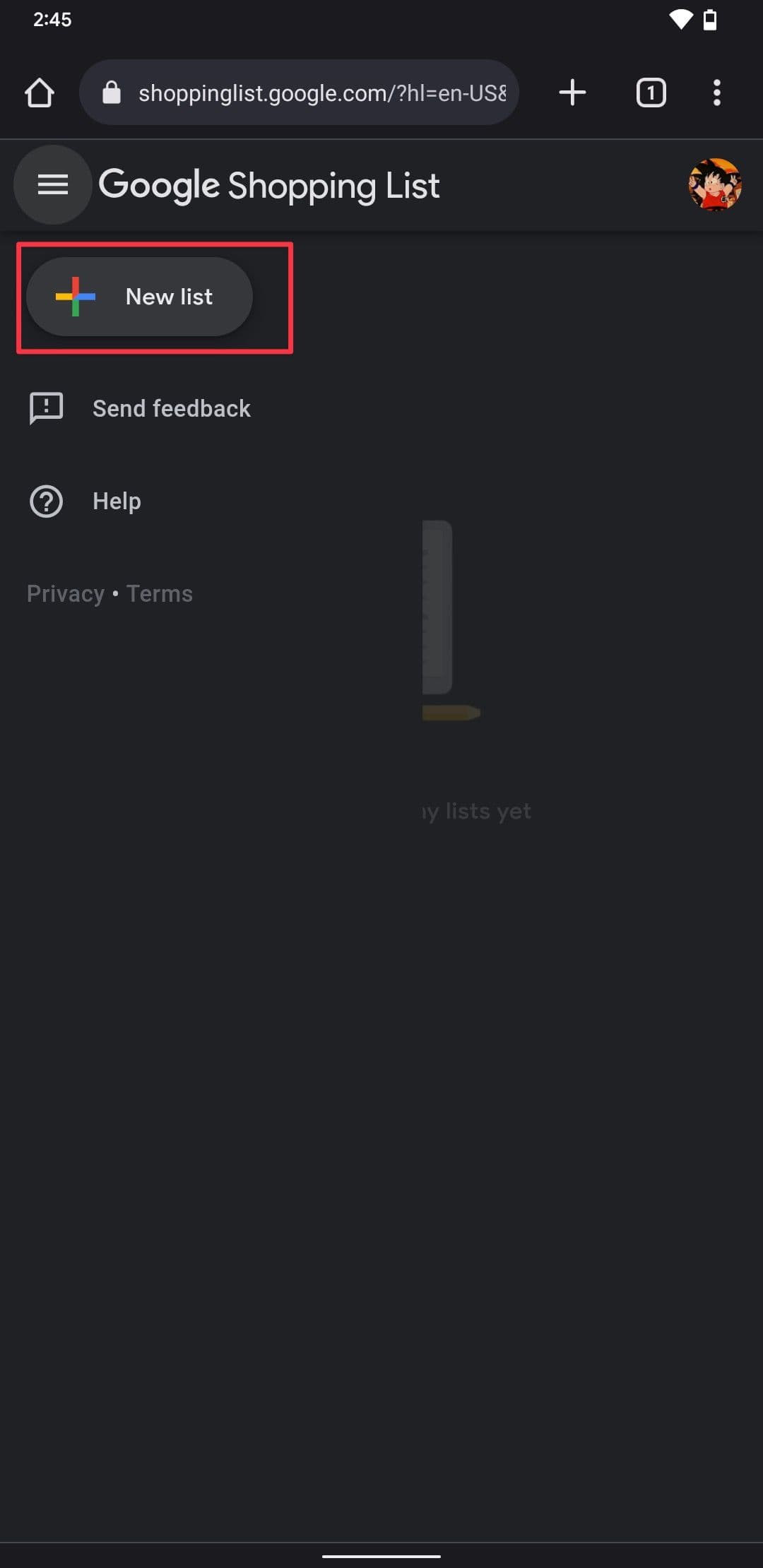 Στιγμιότυπο οθόνης της λίστας αγορών Google που δείχνει το κουμπί νέας λίστας