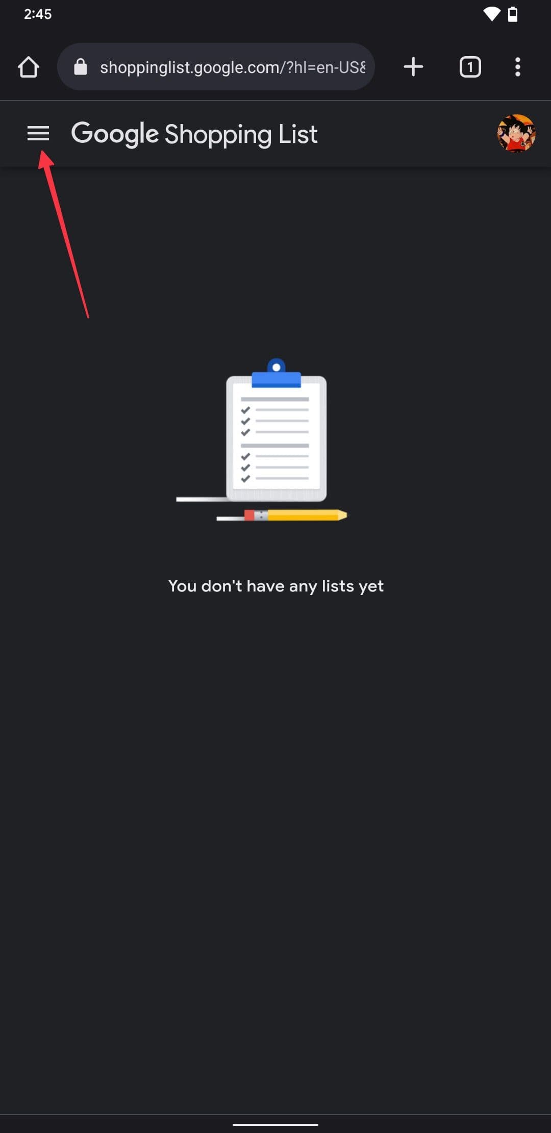 Στιγμιότυπο οθόνης της λίστας αγορών Google που δείχνει το μενού χάμπουργκερ