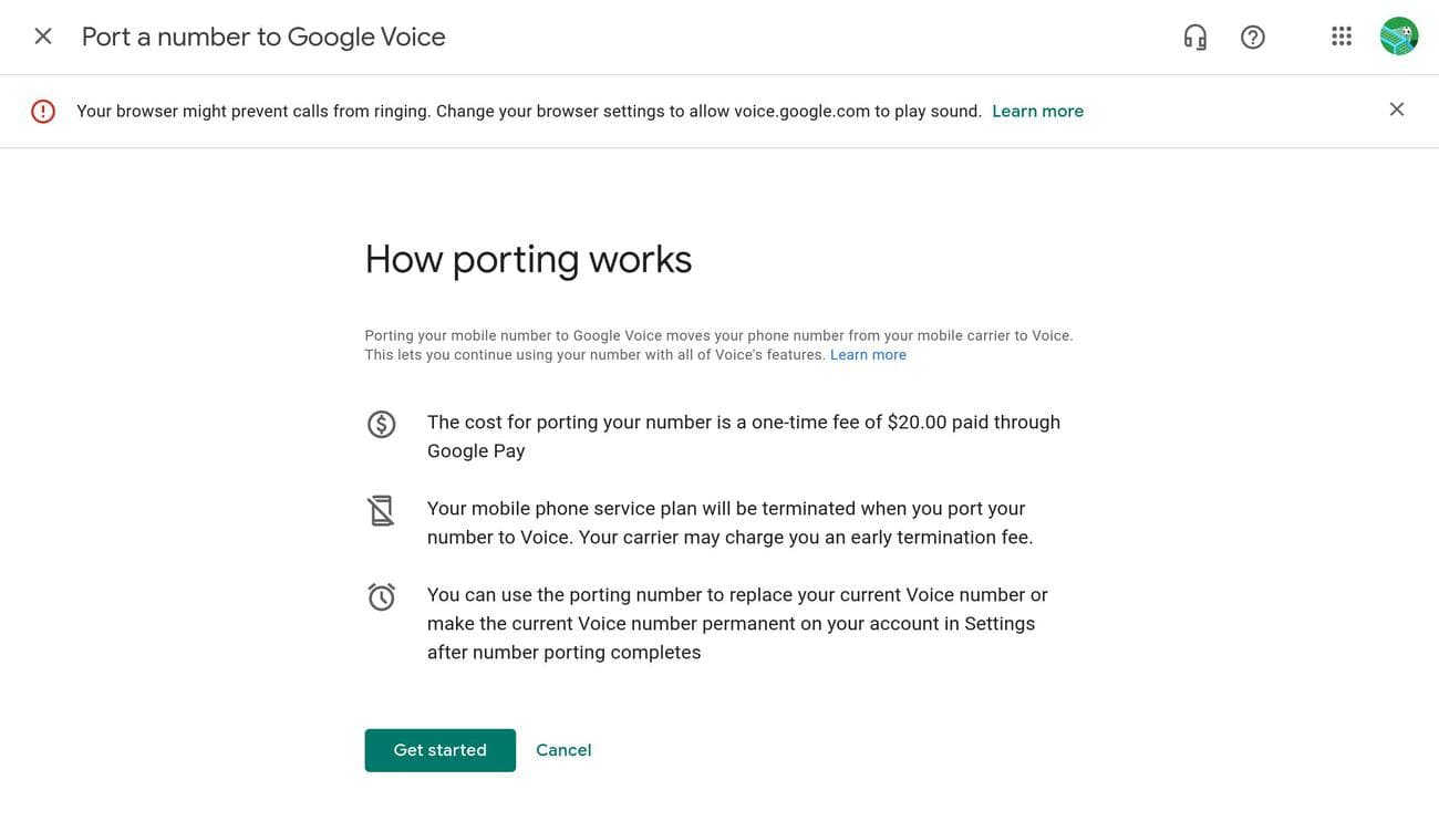 Η σελίδα Πώς λειτουργεί η μεταφορά στον ιστότοπο του Google Voice