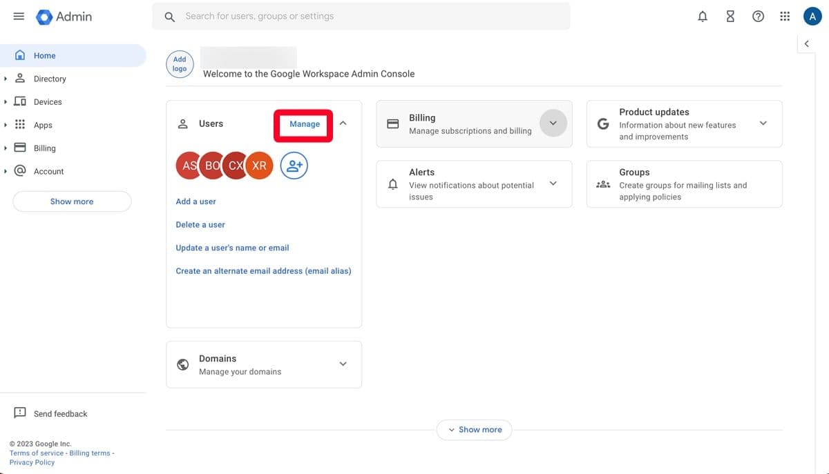 Αρχικό μενού στο Google Workspace Admin Console