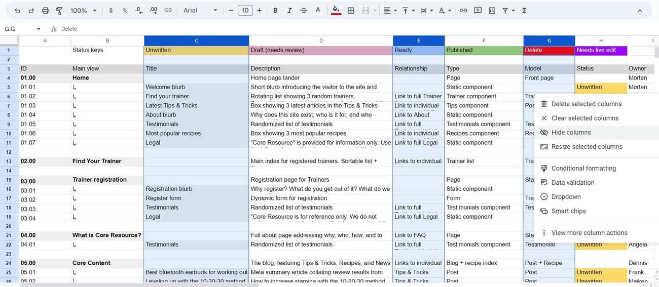 Απόκρυψη πολλών στηλών στα Φύλλα Google