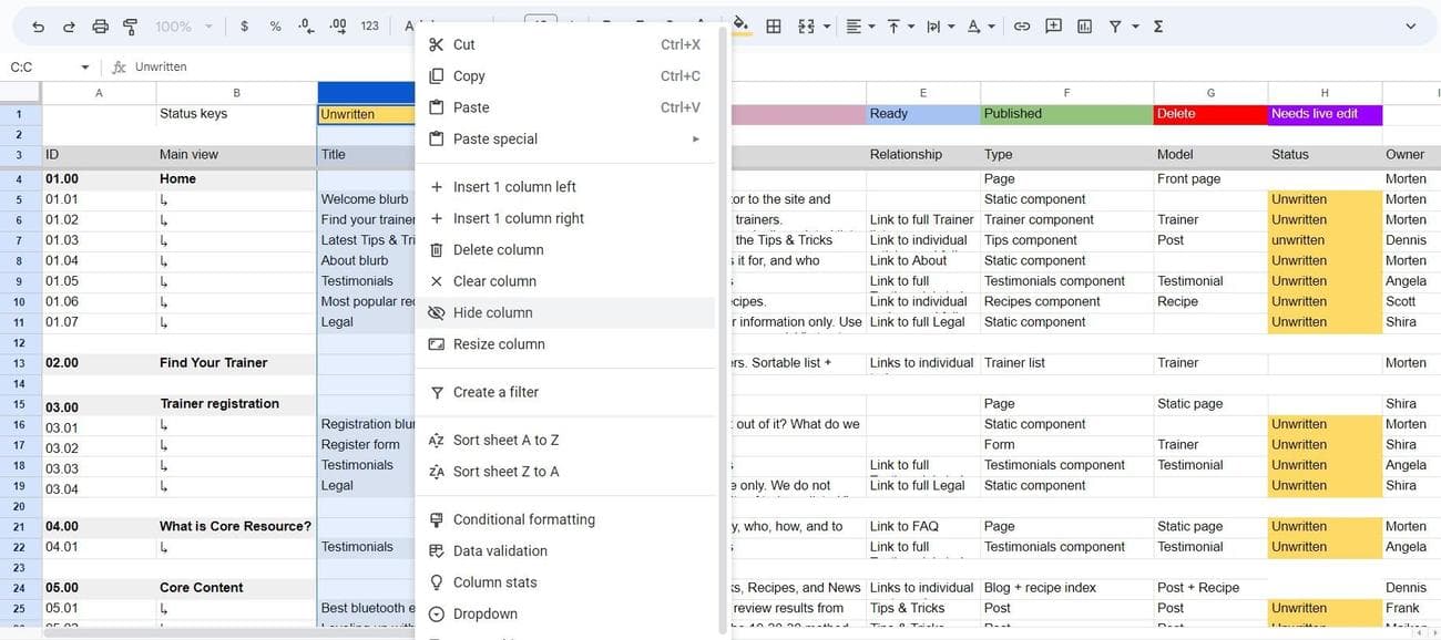 Απόκρυψη στήλης στα Φύλλα Google