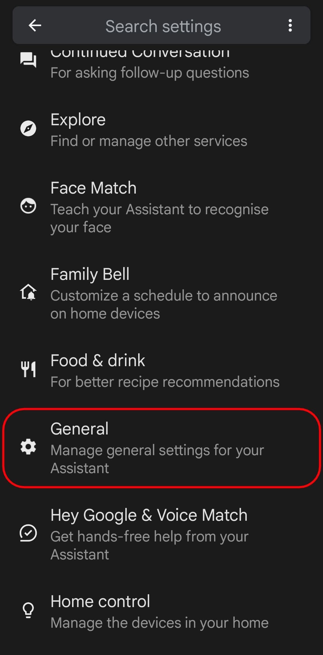 τη σελίδα επιλογών του βοηθού Google με τονισμένα τις γενικές επιλογές