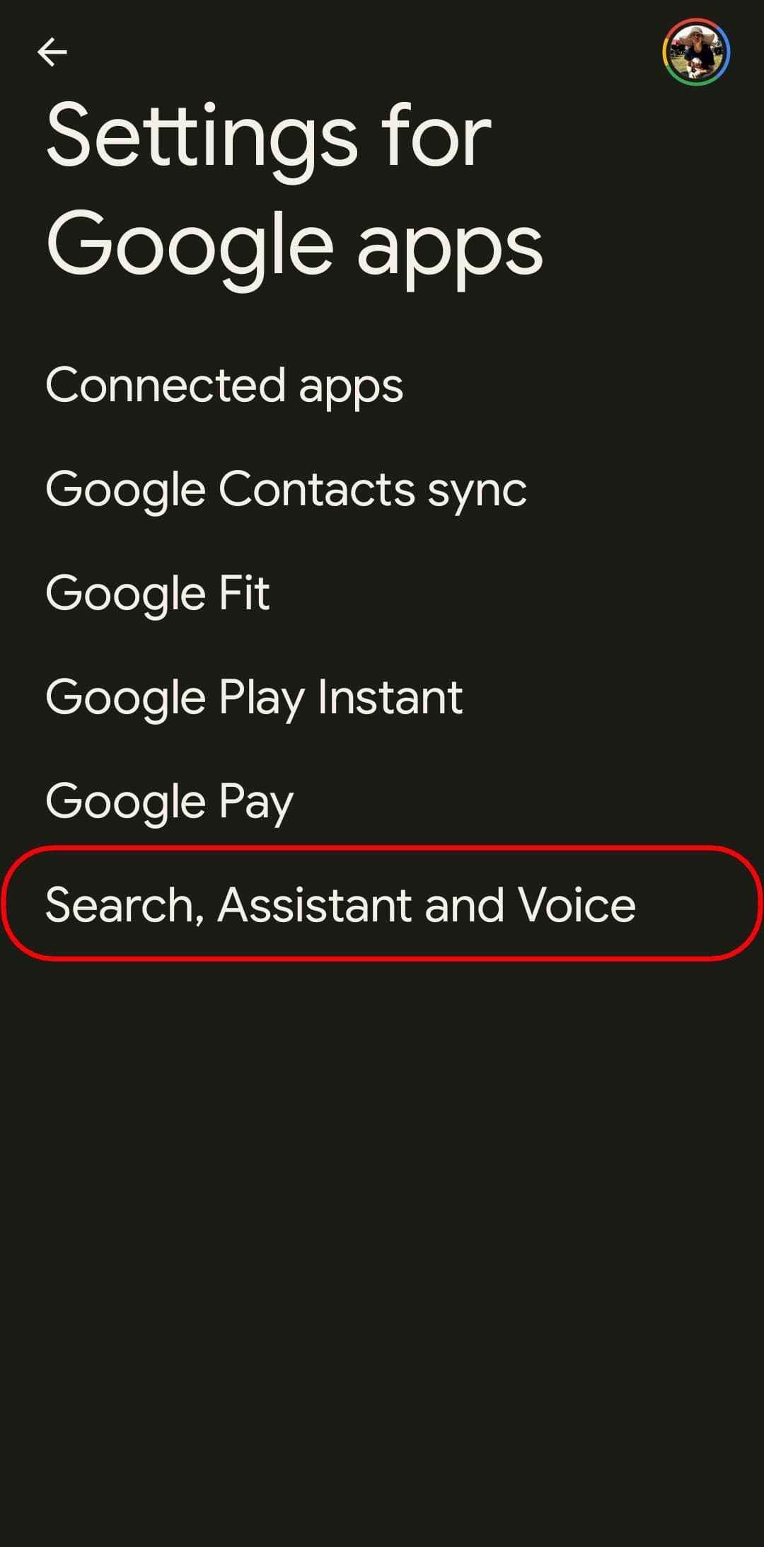 τη σελίδα ρυθμίσεων για τις εφαρμογές Google με επισημασμένη την επιλογή αναζήτησης, βοηθού και φωνής