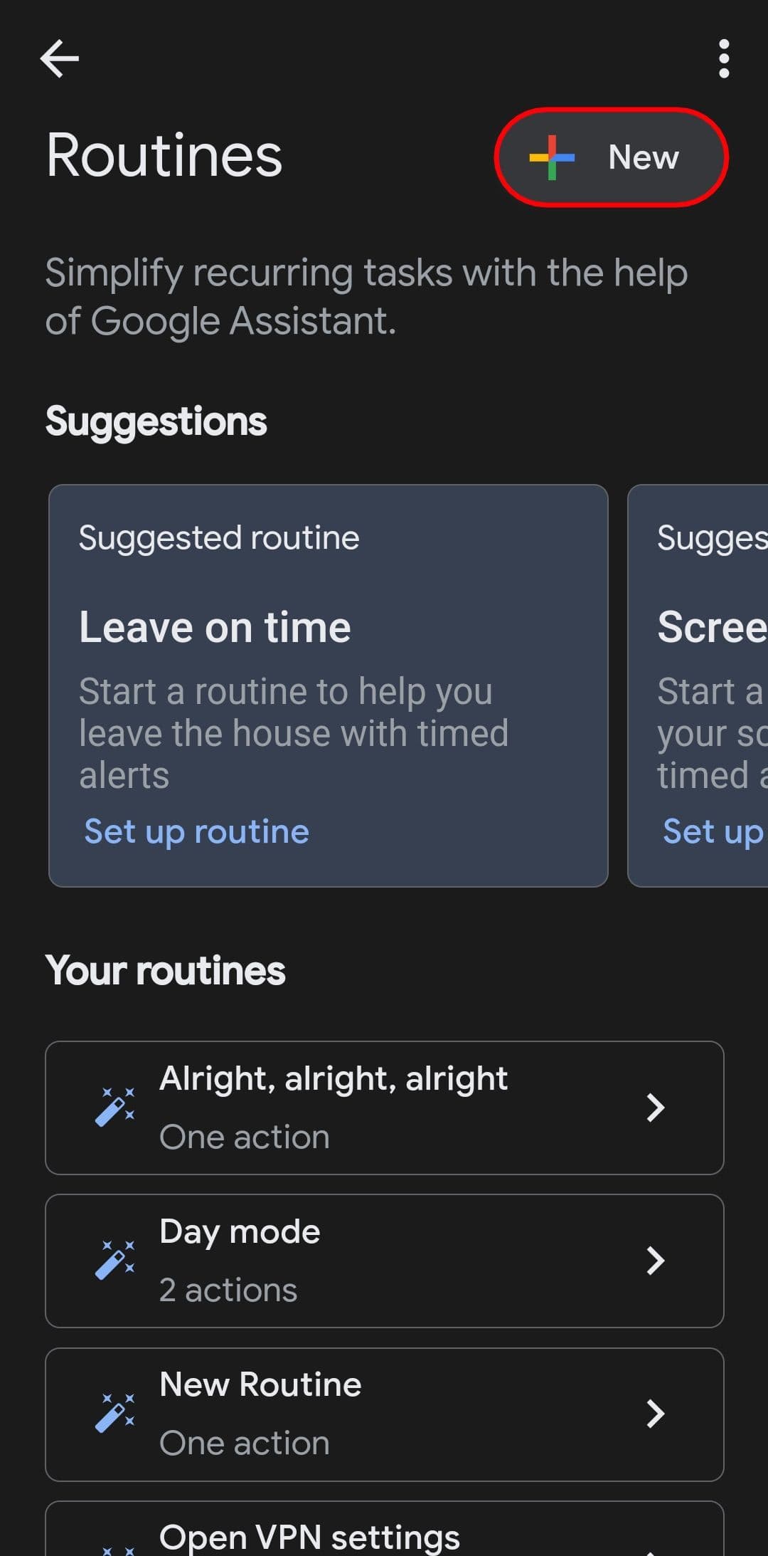 τη σελίδα ρουτίνες του Βοηθού Google με τονισμένο το νέο κουμπί