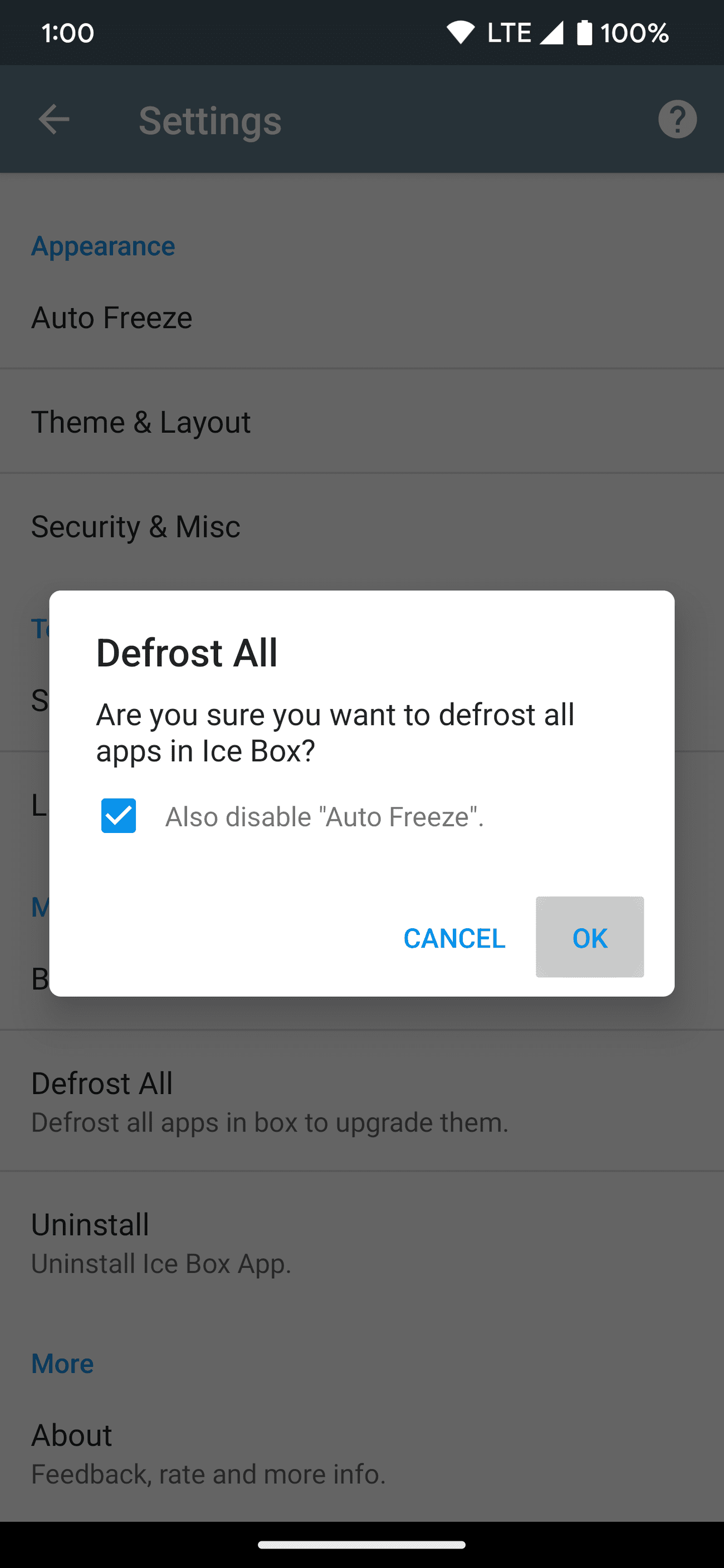 Επιβεβαίωση της επιλογής Απόψυξη όλων στην εφαρμογή Ice Box και πατώντας OK