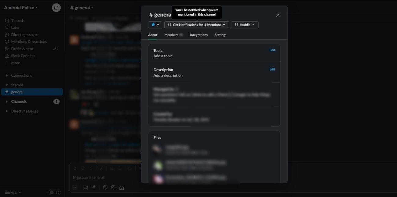 Άνοιγμα του αναδυόμενου μενού ρυθμίσεων ενός καναλιού Slack
